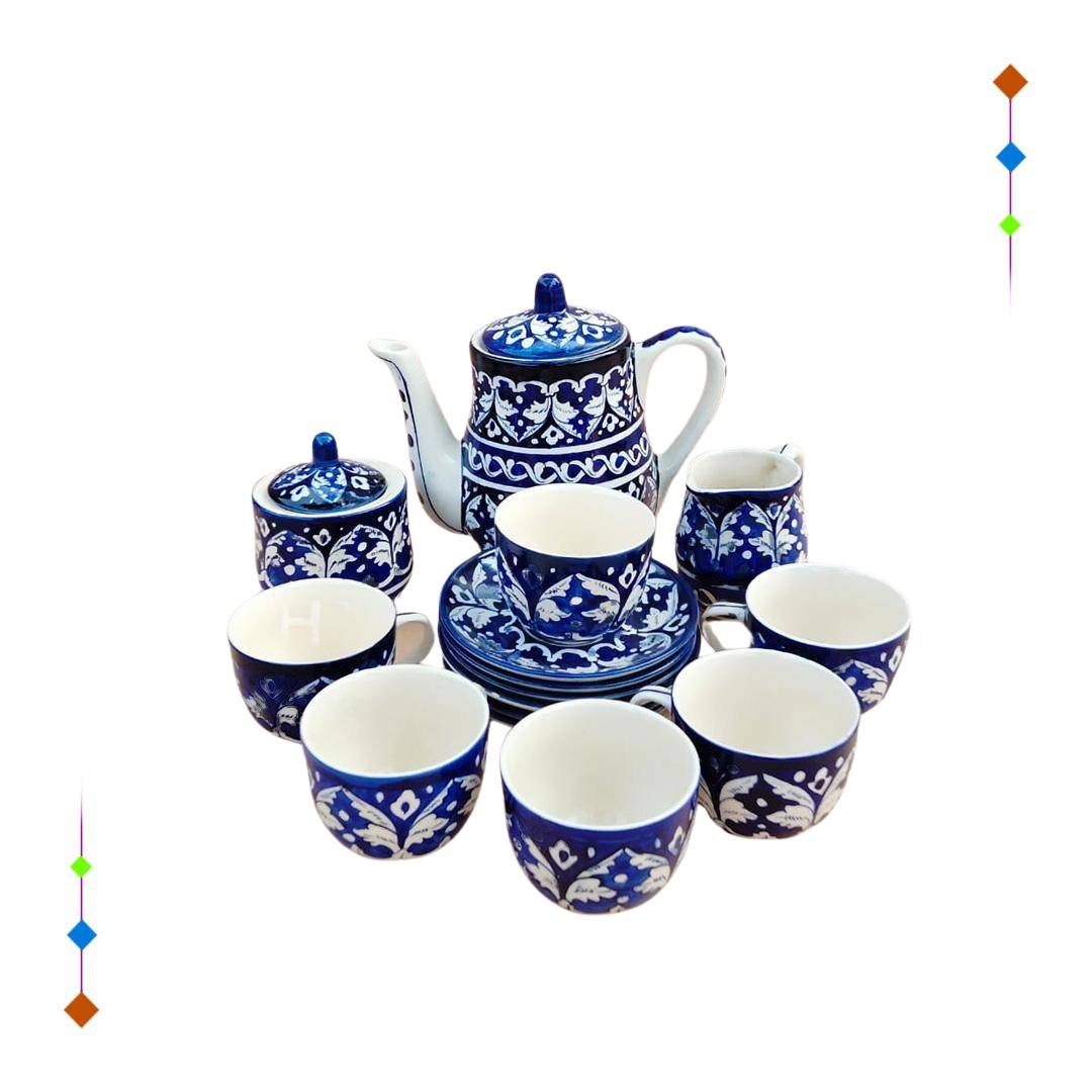 6 Person Blue Pottery Tea Set