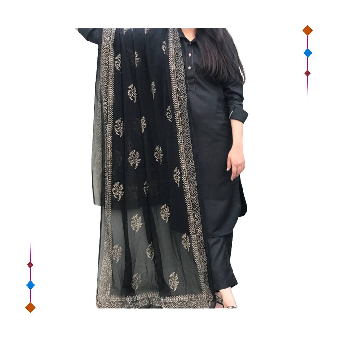 Black Block Print Dupatta