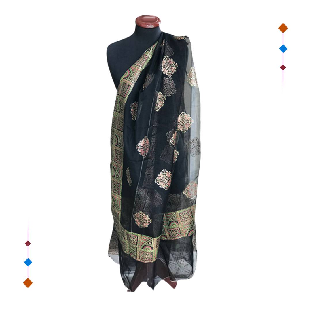 Black Border Block Print Dupatta