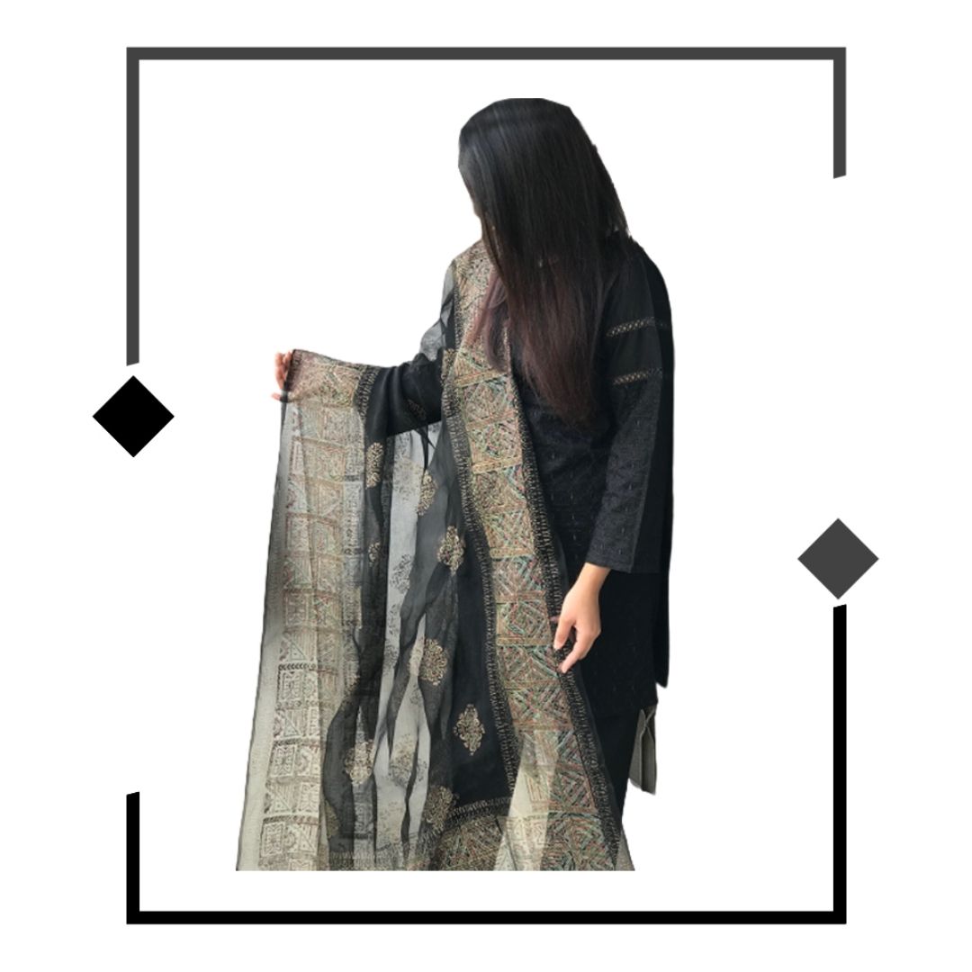 Black border Block Print Dupatta
