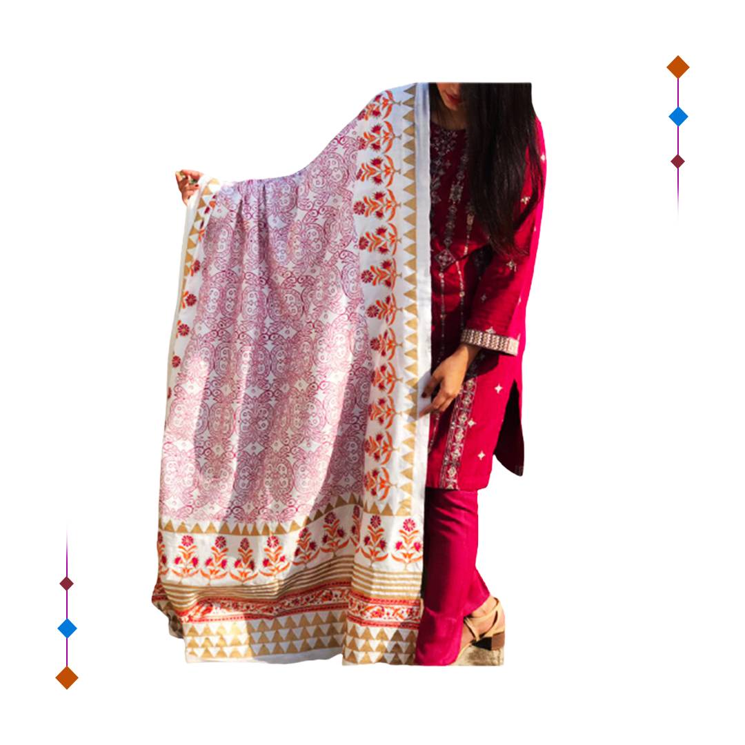 Pink and White Block Print Dupatta