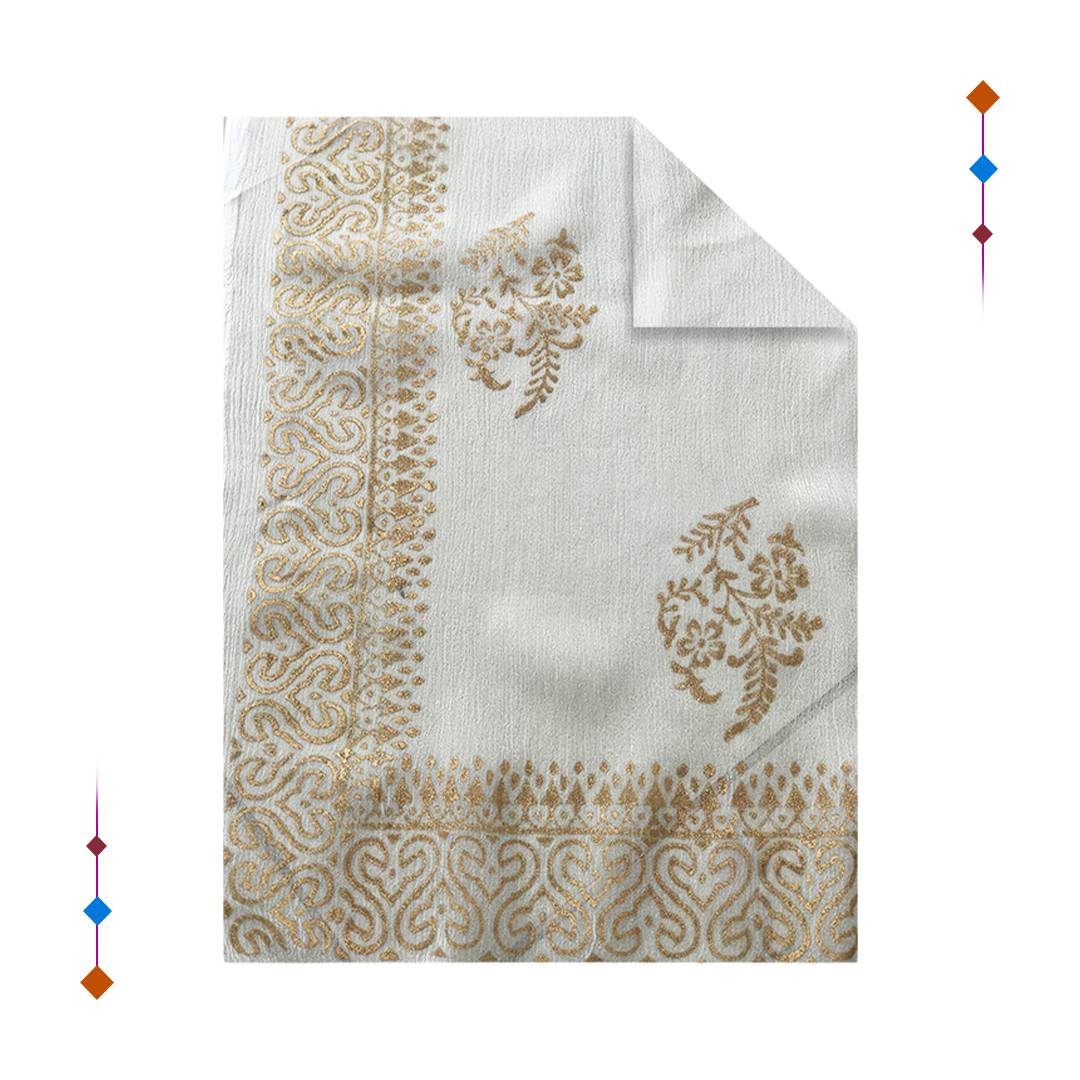 White and Gold Block Print Dupatta