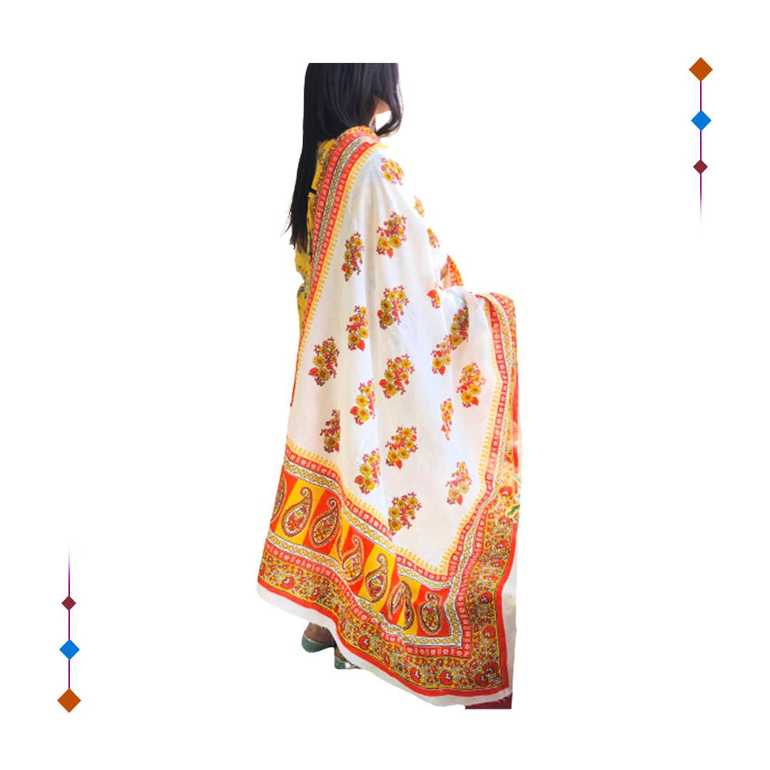 White and Yellow Block Print Dupatta